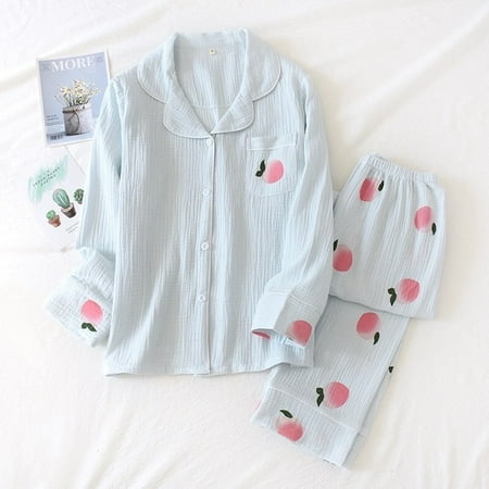

Spring New Ladies Pajamas Set Heart Printed Crepe Cotton Double-layer Gauze Turn-down Collar Long-sleeve Trousers Household Wear