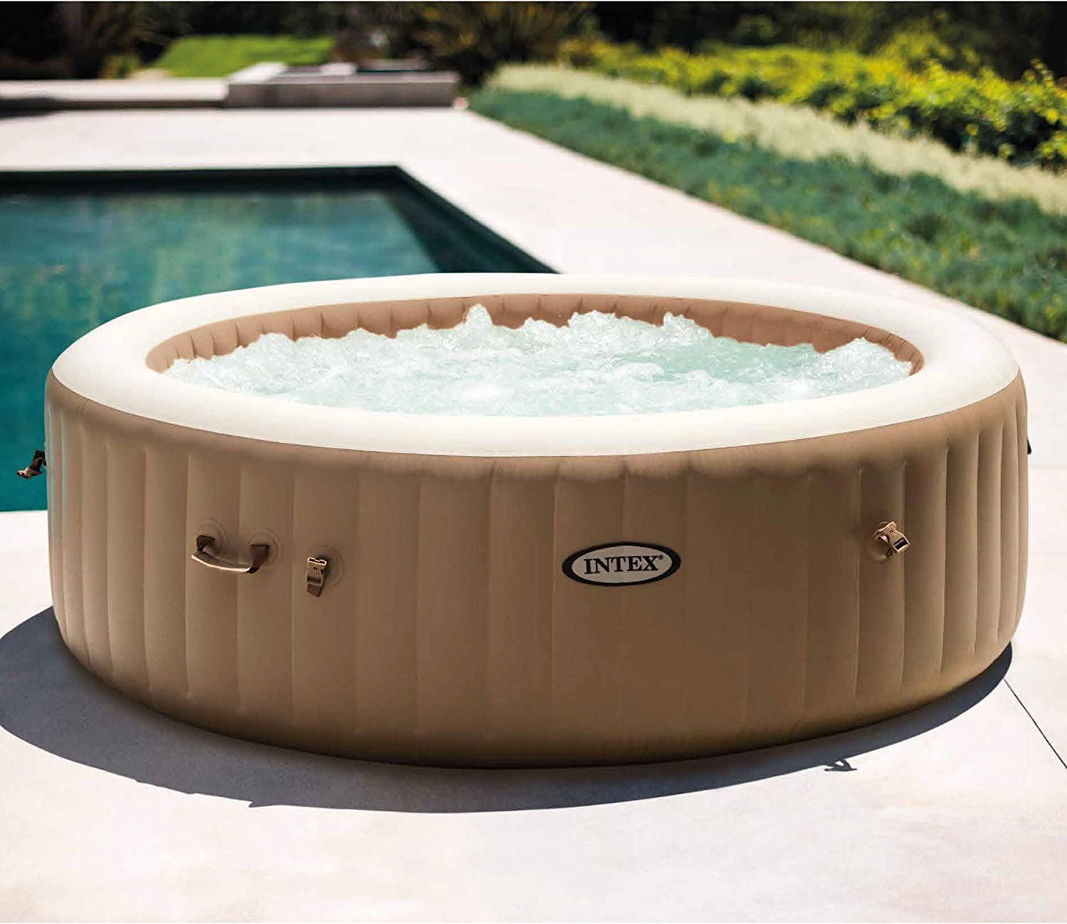 Intex: PureSpa: Sahara Tan Inflatable Hot Tub Set - 6 Person - 85" Round Outdoor Heated Bubble Spa, Jet Massage, Cover, Hard Water Treatment System