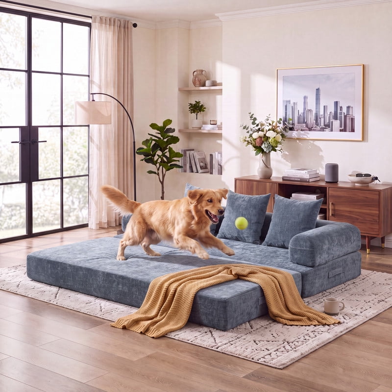 Gewnee 79 Boneless Sofa, Convertible Sofa Bed, Futon Floor Sleeper Sofa Bed with Pillows for Living Room Bedroom, No Assembly Required, Chenille, Blue