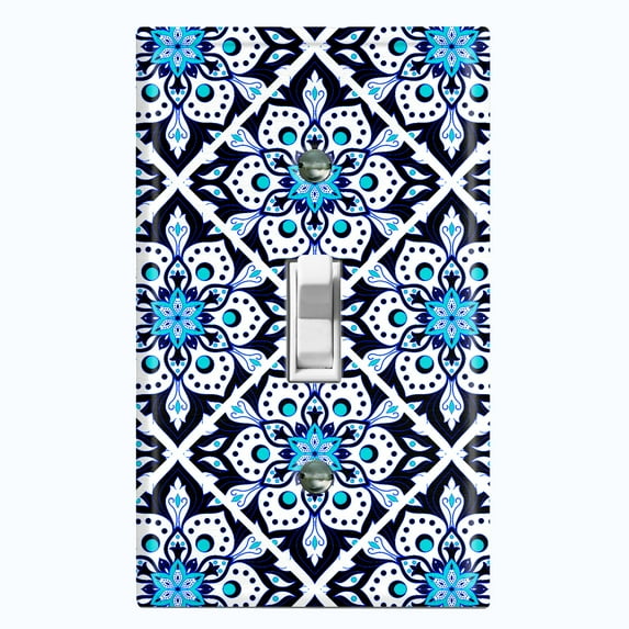 Metal Light Switch Plate Cover White Blue Mandala Flower Tile Pattern MDL031