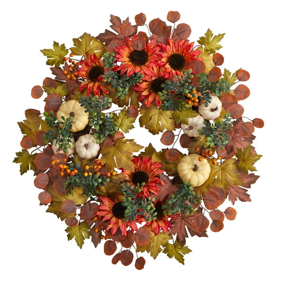 Nearly Natural Acorn Plastic Thanksgiving Autumn Foliage Artificial Wreath, with Sunflower 30" (Multicolor)