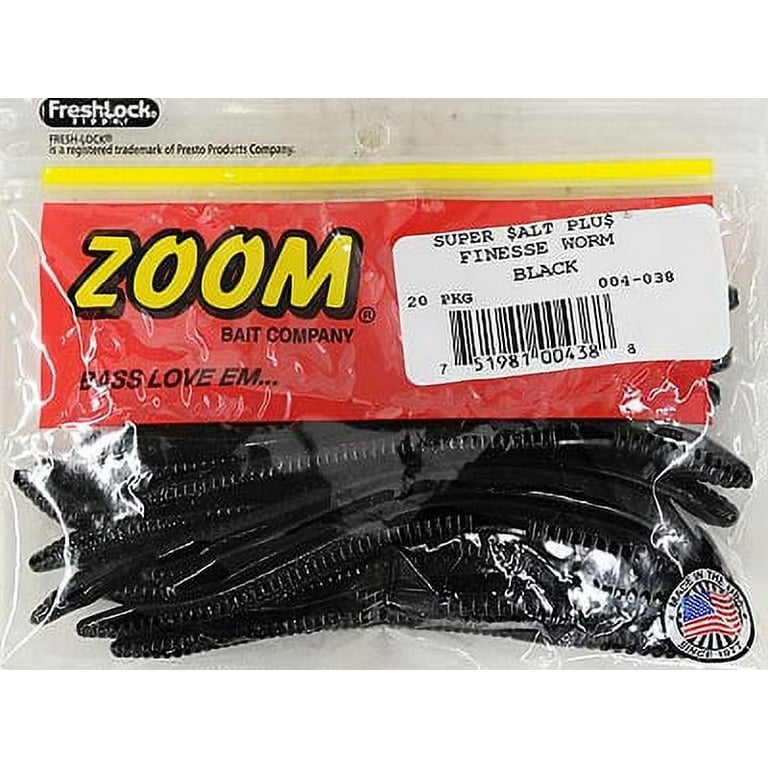 Zoom Finesse Worm Freshwater Fishing Soft Bait, Black, 4 1/2, 20-pack