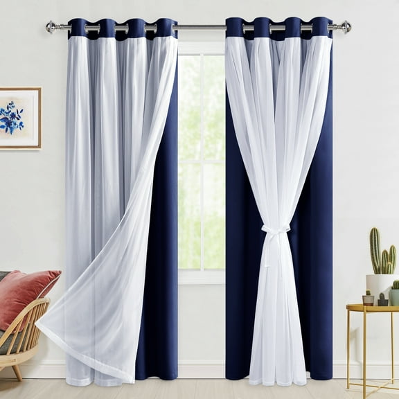Hiasan Mix & Match Blackout Curtains with Sheer Overlay, Thermal Insulated Privacy Double Layer Room Darkening Window Curtains for Bedroom, Living Room, 2 Panels with Tiebacks, Navy Blue, 52W X 84L