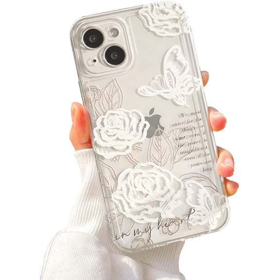 Compatible for iPhone 13 Case, with Clear Cute White Butterfly Pattern Design for Women Girls Retro Aesthetic Soft Slim TPU Drop Bumper Case for iPhone 13 - Rose
