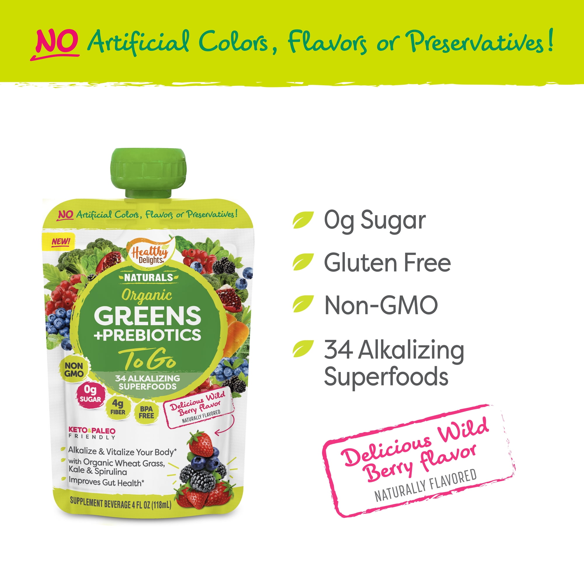 Healthy Delights Greens + Prebiotics To Go Squeeze Pouch, Wild Berry