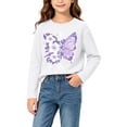 thumbnail image 4 of fnnxnal Girls Cotton Long Sleeve T-Shirt, White Butterfly Floral Print Crew Neck Tee, Kids Girls Casual Top 2-13 Years,Size 9-10 T, 4 of 7