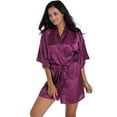 thumbnail image 2 of Defitshape Women's Satin Robe Sexy Short Silk Bath Robe Soft Comfy Lightweight Short Sleeve Sleeping Bathrobe Thin Summer Kimono Robe Wedding Party Bride Bridesmaid Sleepwear Purple Small, 2 of 4