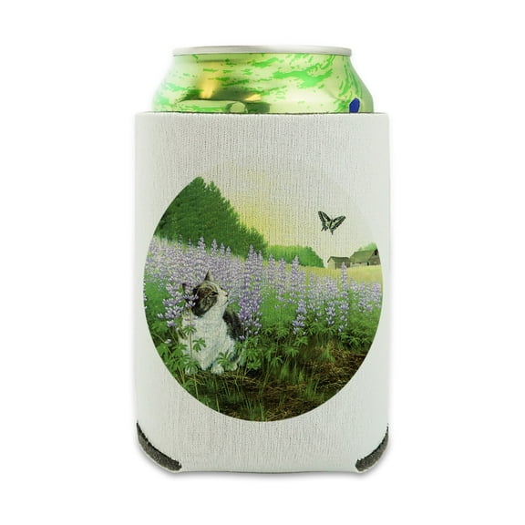Cat and the Butterfly in the Field Can Cooler - Drink Sleeve Hugger Collapsible Insulator - Beverage Insulated Holder