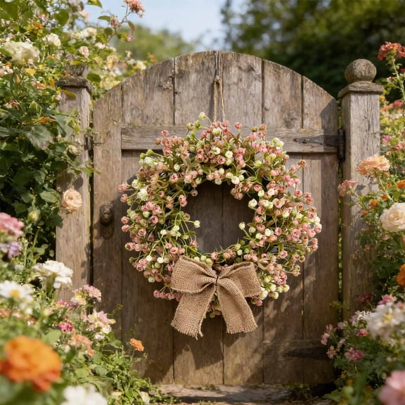 Berry Wreath with Hessian Bow - Artificial Flower Door Decor for Front Entryway Wall, Farmhouse Rustic Style, Fully Assembled, Easy Hanging Multiple