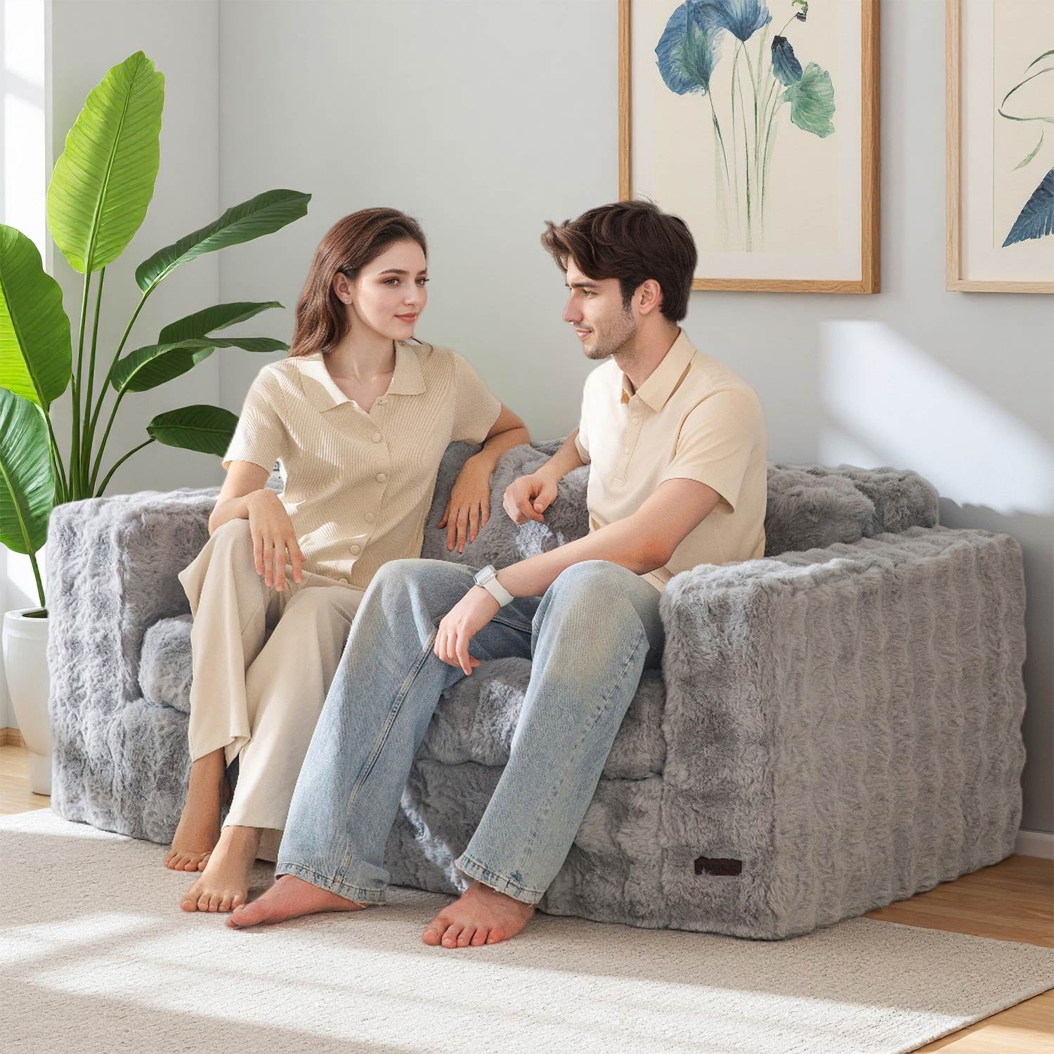 GOODONE Bean Bag Chair Sofa,Giant Loveseat Bubbled Boneless Couch,Modern Soft Comfy Plush Lazy Sofa for Living Room and Apartments,No Assembly Required,Grey