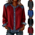 thumbnail image 1 of JDQJBZ Summer Womens Tops,Long Sleeve Shirts Women Solid Color Crew Neck Denim Patchwork Button Cardigan Blouse For Women Spring Summer Weekend Wear, 1 of 5