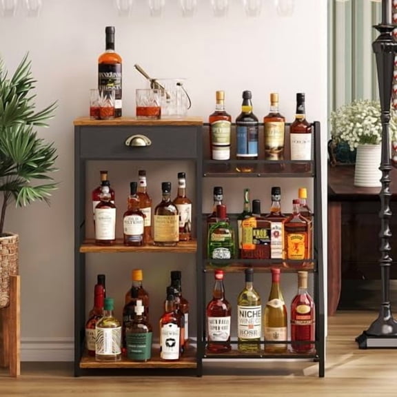 Liquor Cabinet Bar for Home with Drawer, 3-Tier Wine Rack Freestanding Floor and Wine Shelf with Step Design for Whiskey, Spirits, Vintage Mini Bar for Kitchen Apartment