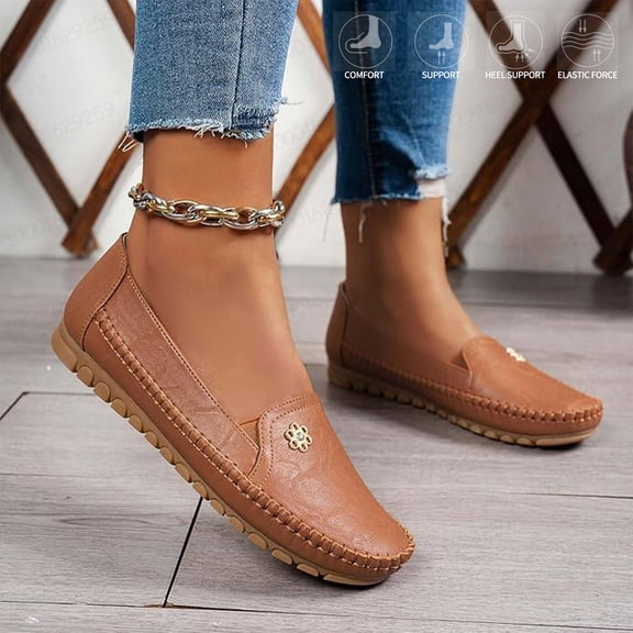 Orthopedic Shoes Leather for Women Slip on Stitched Flat-Soled Casual Leather Orthopedic Leather Flowers Shoes All-Day Comfort Lightweight Shoes,Brown 36(US-5.5)