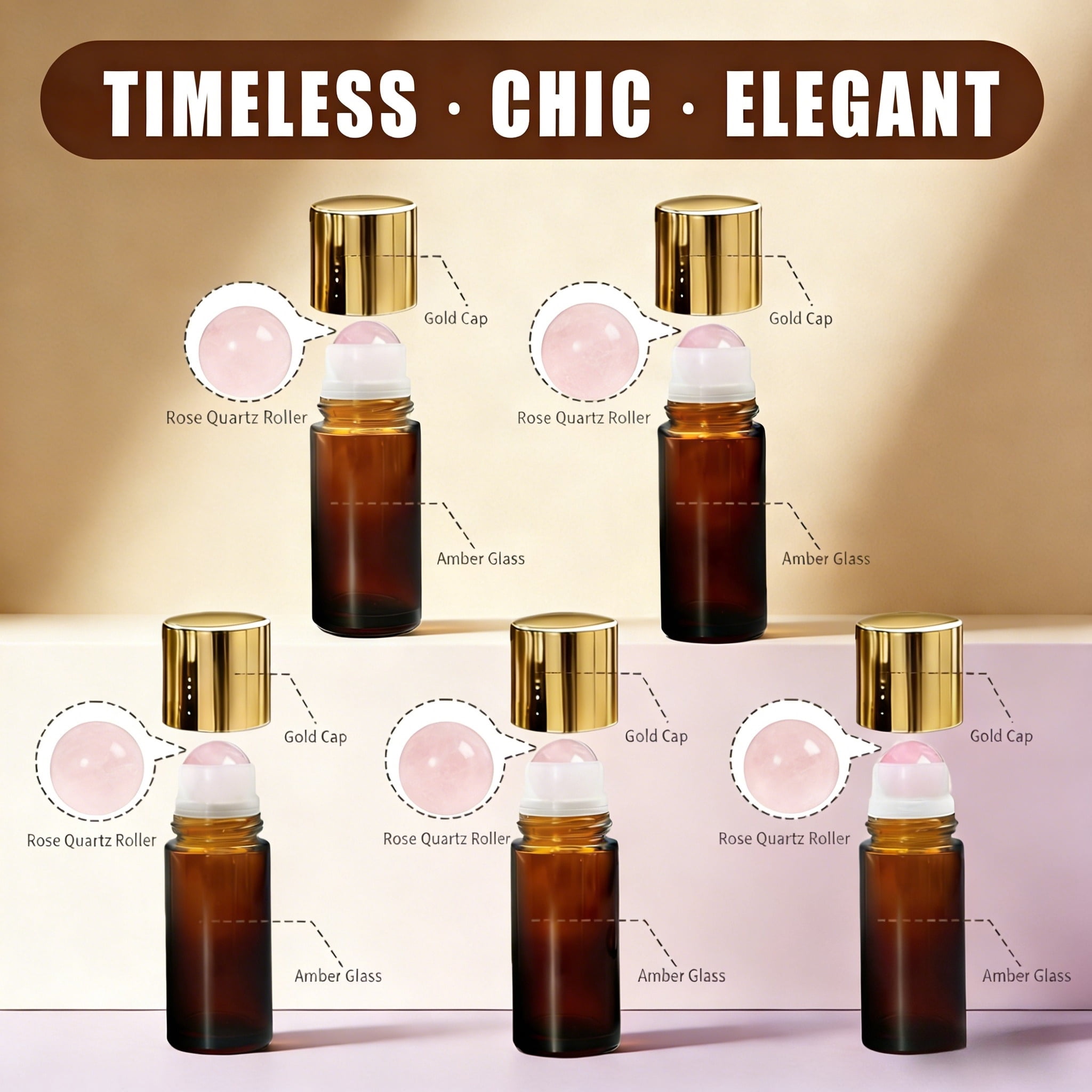 5 Pack Rose Quartz Roller Bottles for Essential Oils, 50ml Refillable Amber Glass Roll On Bottles with Natural Crystal Roller Balls, Leak-Proof Travel Perfume Bottle with Gold Caps