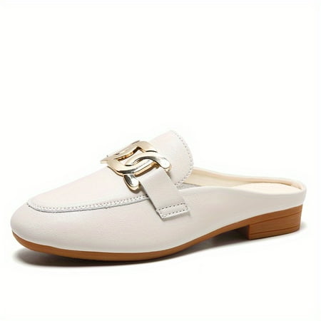 

Women‘s Metal Buckle Decor Flat Mules Solid Color Square Closed Toe Non-slip Slippers Casual Outdoor Slides Shoes