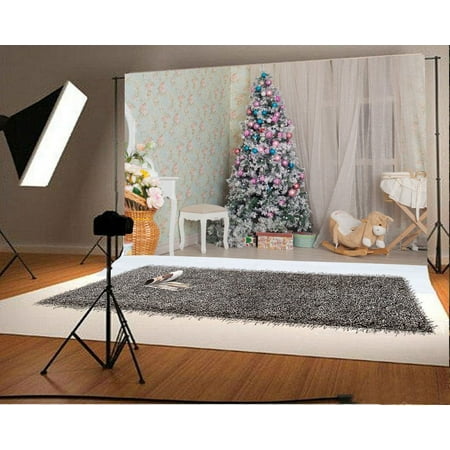 Image of HelloDecor 7x5ft Christmas Backdrop Decoration Tree Hobbyhorse White Curtain Floral Wallpaper Gifts Box Wood Floor Photography Background Kids Children Adults Photo Studio Props