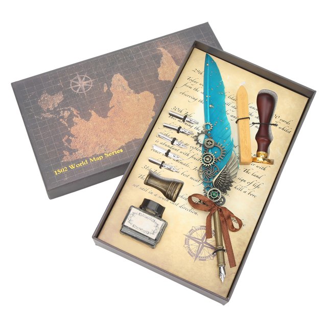 Juego De Bolígrafos De Pluma, 5 Puntas De Repuesto Juego De Pluma De Pluma Retro Plumas De Ganso Punta Grabada Con Base De Soporte De Pluma Para Escribir ZAQW lago azul