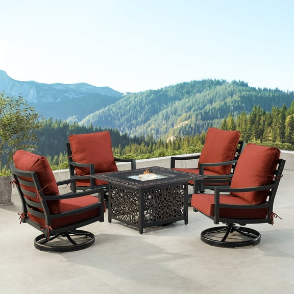Black Aluminum Fire Table Set with Four Club Chairs
