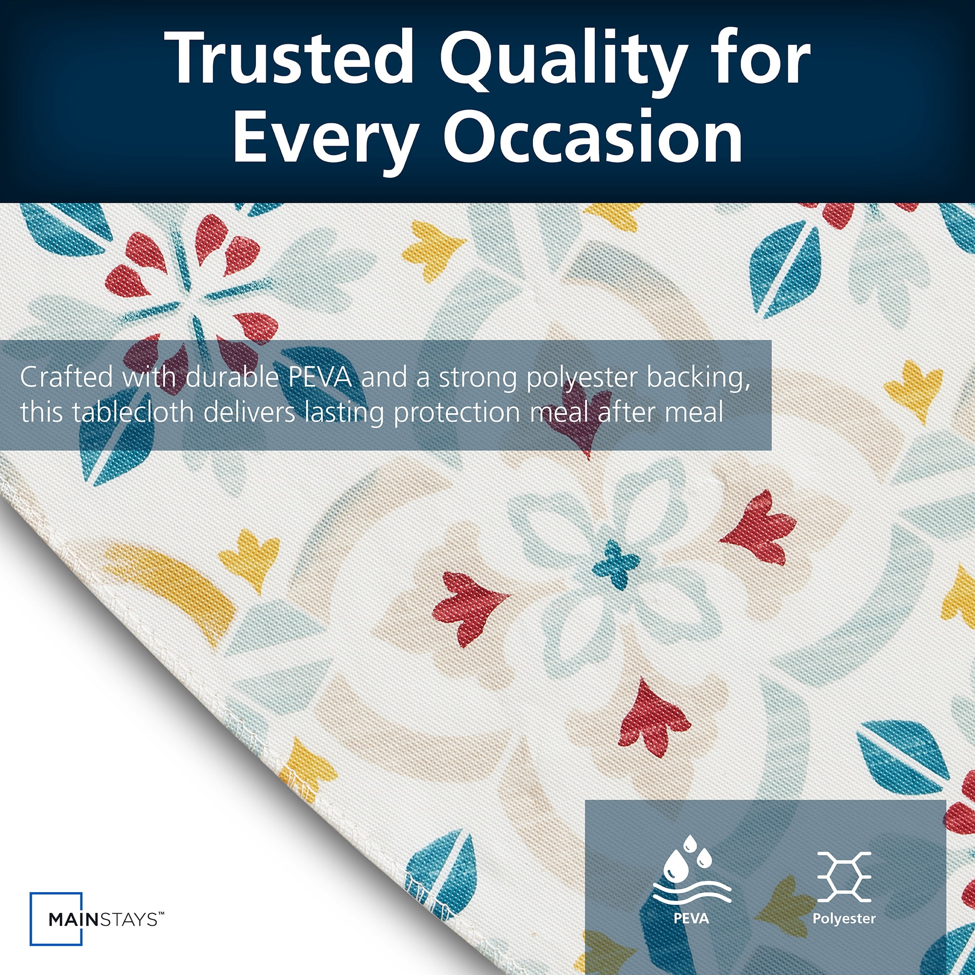 Mainstays PEVA Everyday, Indoor & Outdoor Tablecloth 70" Round, Farmhouse Tile