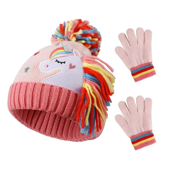Kids Winter Hat Gloves Set, Girls Toddler Children Hats Beanie with Pom Pom Gaiter Mittens Set, 2 in 1 Unicorn Knit Hat Thermal Gloves Set Cold Weather Gifts for 2-5 Years Girls
