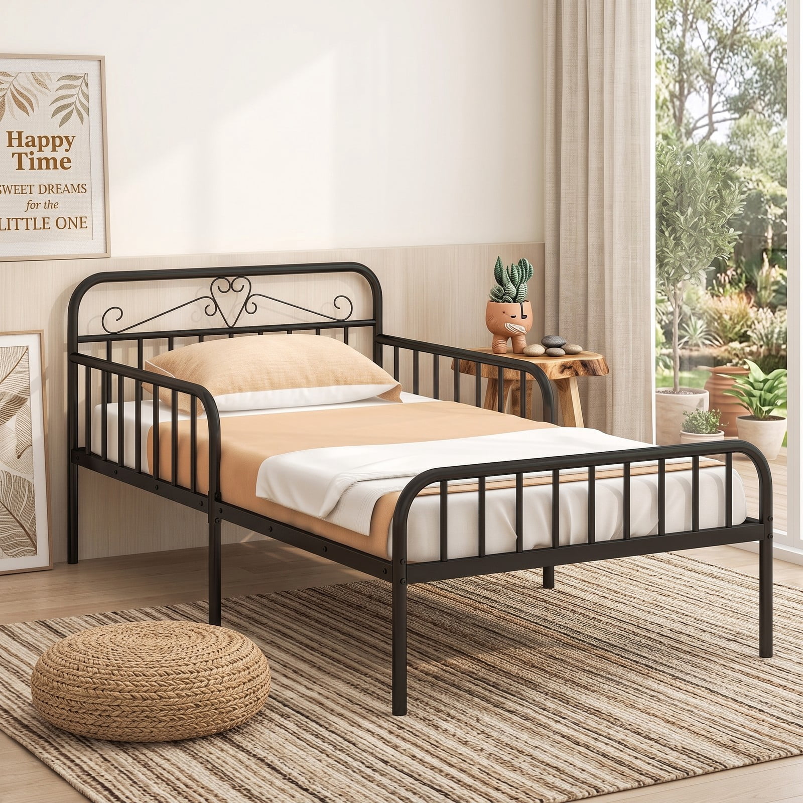 Furnibear Twin Size Metal Kids Bed Frame with Headboard and Safety Side Guardrails for a Boys and Girls Toddler Bedroom, Black