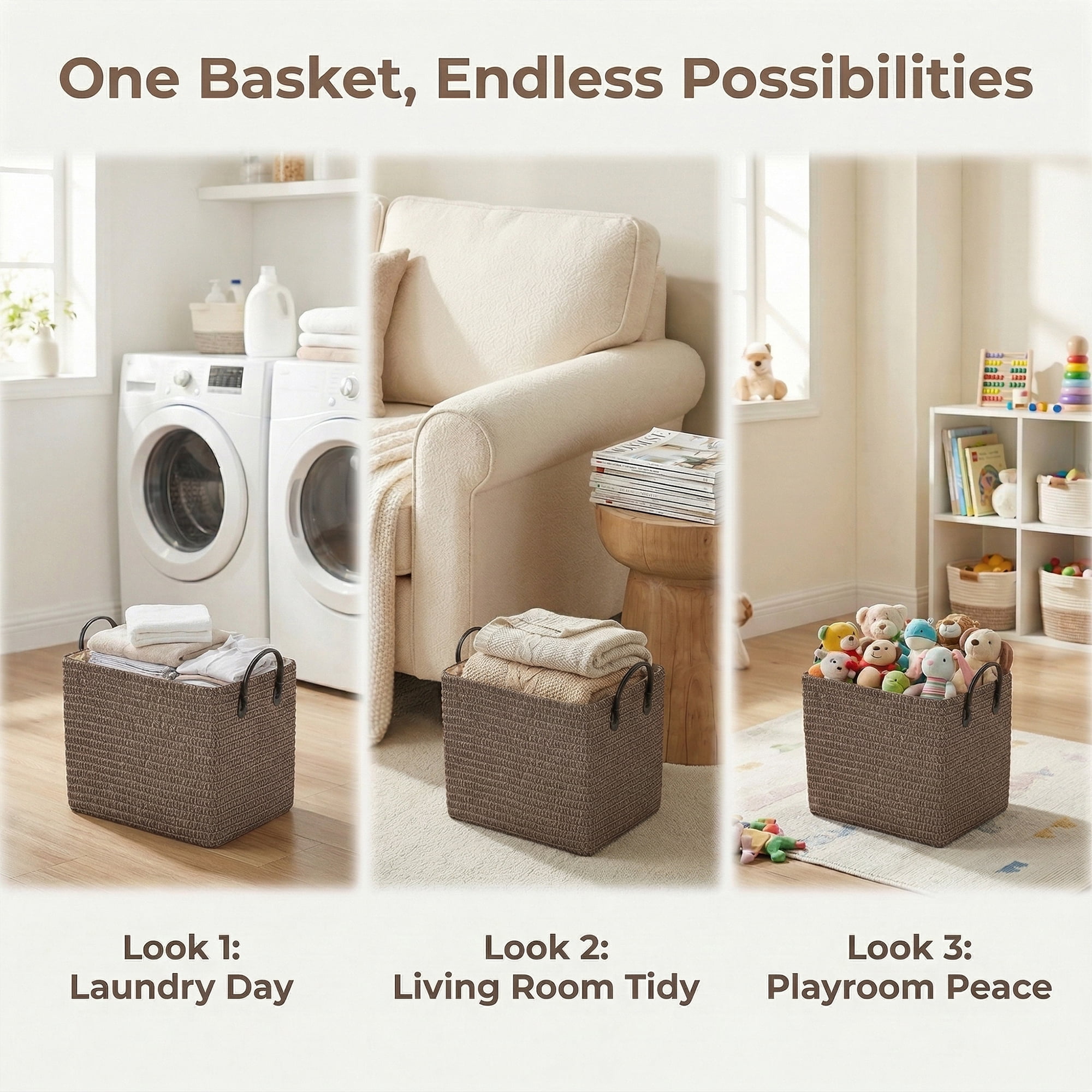 Unique Bargains Compactable Woven Storage Basket Storage Bin Coffee 13.8*10.2*11.8in