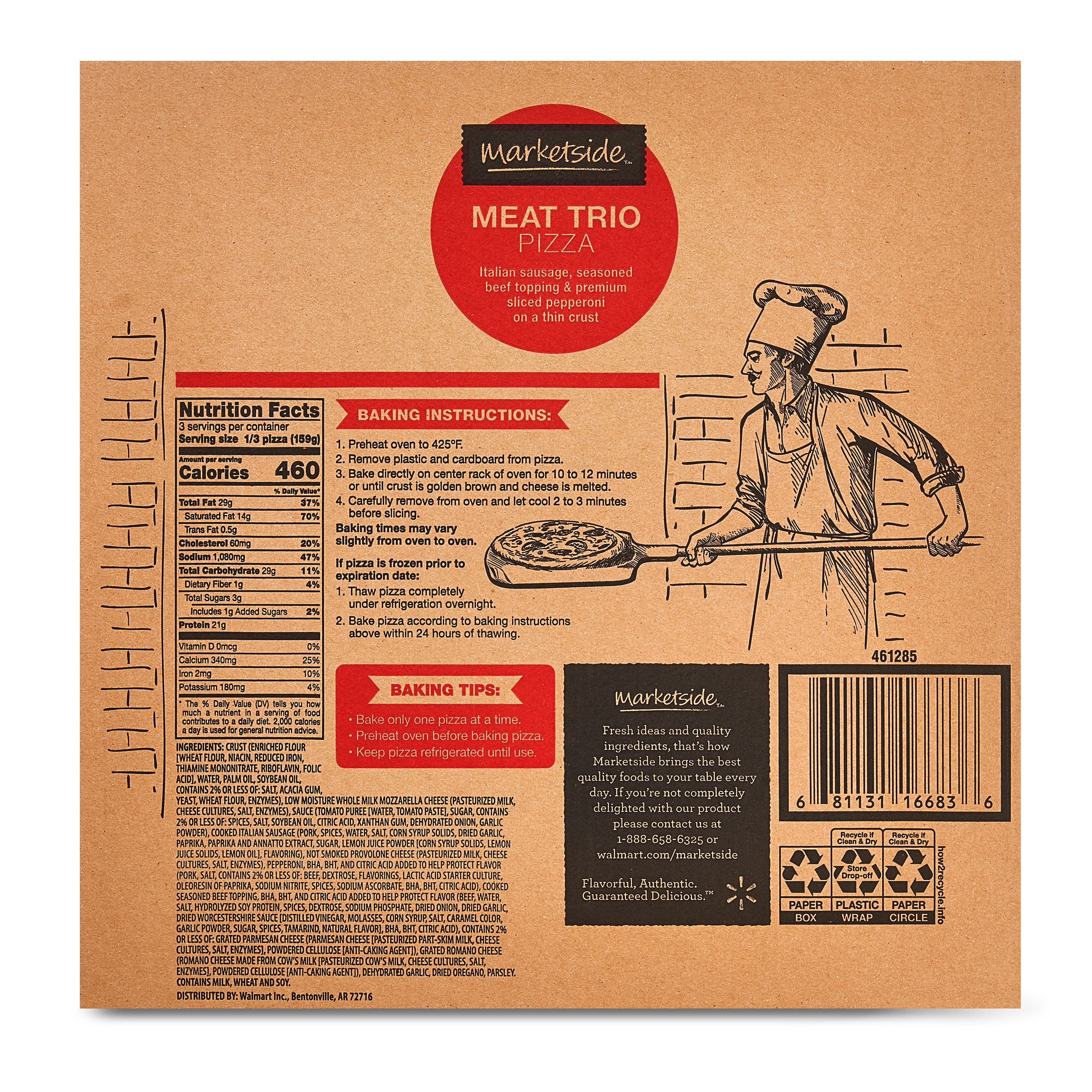 Marketside Meat Trio Pizza, Thin Crust, Medium, 16.8 oz (Fresh)