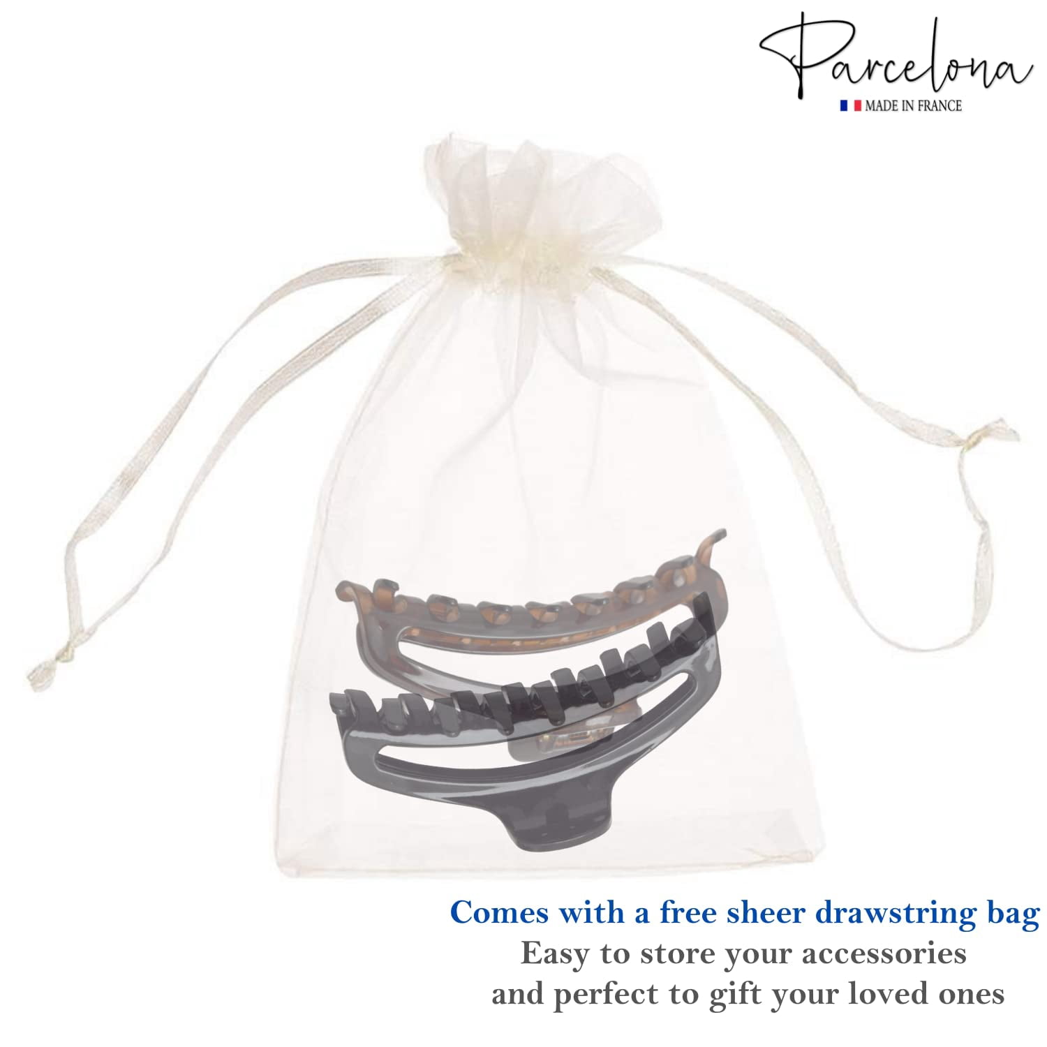 Parcelona French Slim Medium Shell & Black Celluloid Jaw Hair Claw Clips(2 Pcs)