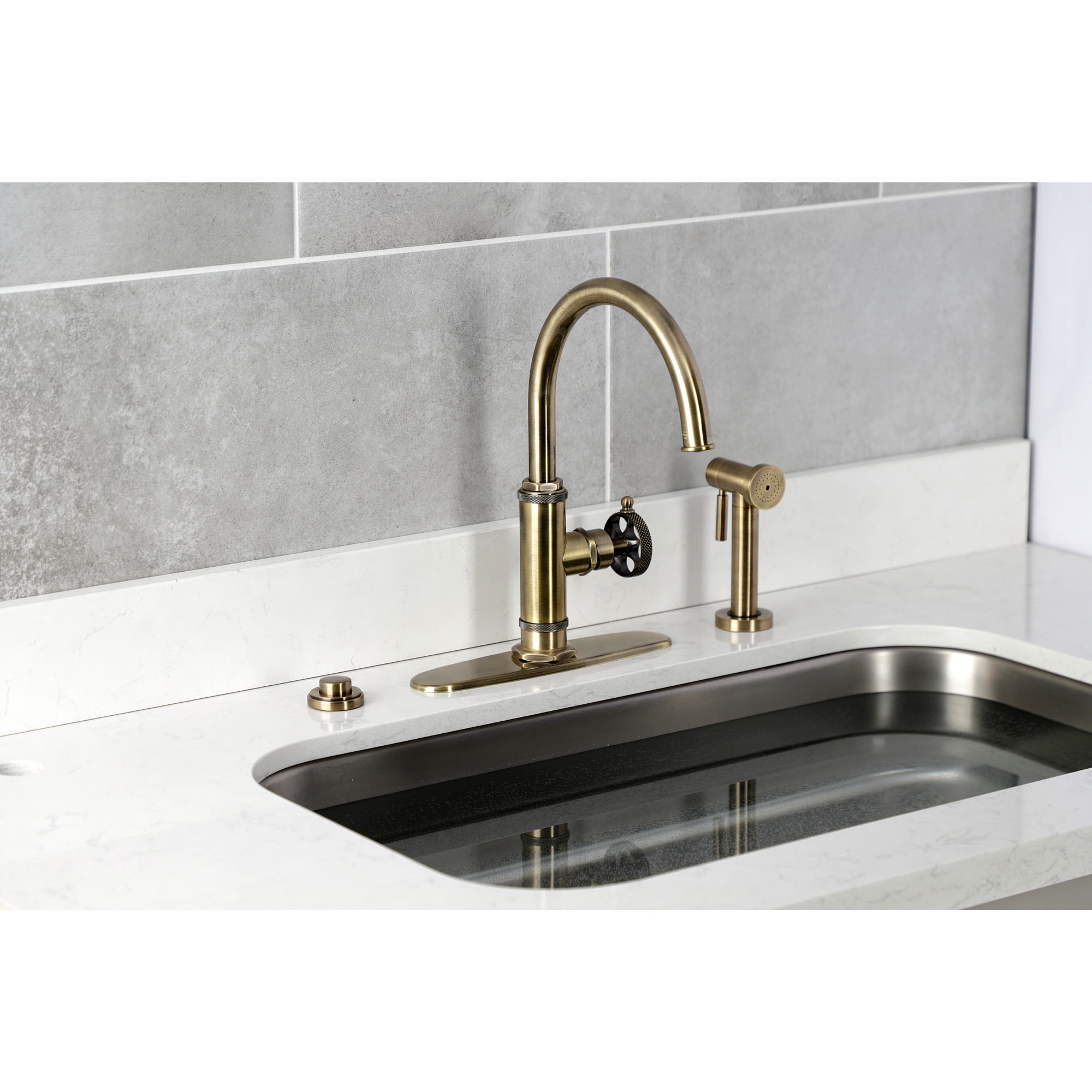 Kingston Brass KS2433RKX Webb Single-Handle Kitchen Faucet with Knurled Handle and Brass Side Sprayer, Antique Brass
