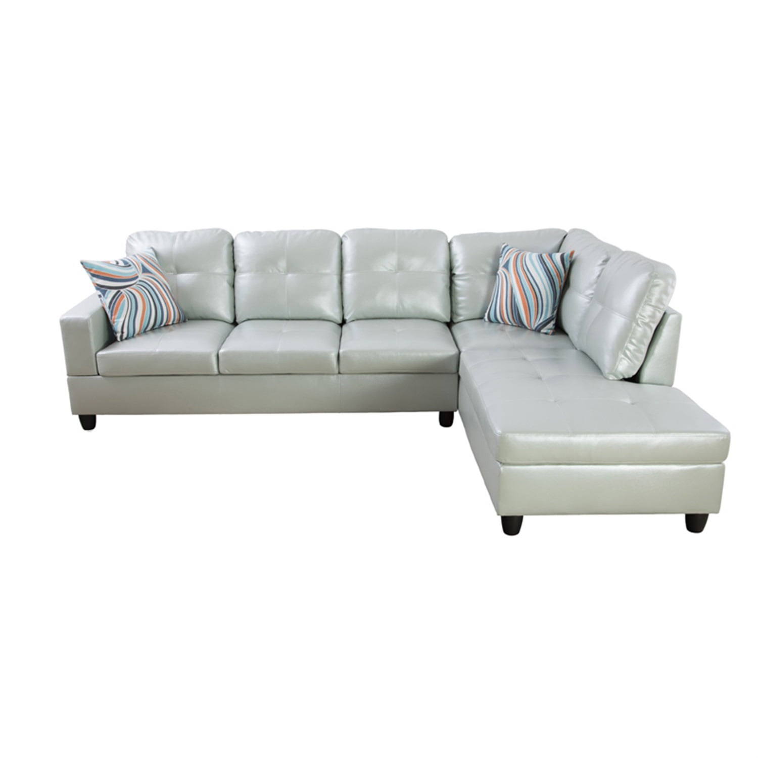 Hommoo L Shaped Sectional Couches and Sofas, 4-Seat Semi Semi PU Synthetic Leather Sectional Sofa Sets, Modern Living Room Furniture Sets, 17.5'' Back Height, Silver Green(No Ottoman)