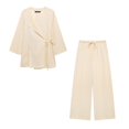 thumbnail image 5 of HH TRAF Trajes de primavera para mujer Nuevo cárdigan de cuello en V de lino de manga larga Blazer Top + Cintura elástica con cordones Pantalón de pierna ancha dividido para mujer, 5 of 5