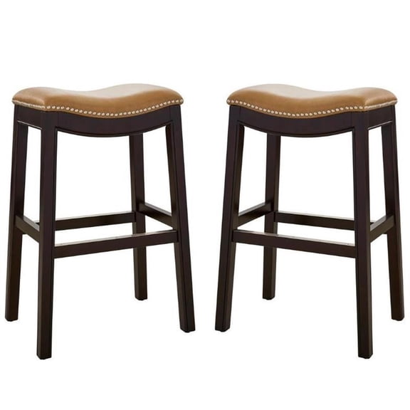 Home Square 2 Piece Saddle Faux Leather and Wood Barstool Set in Tan/Espresso