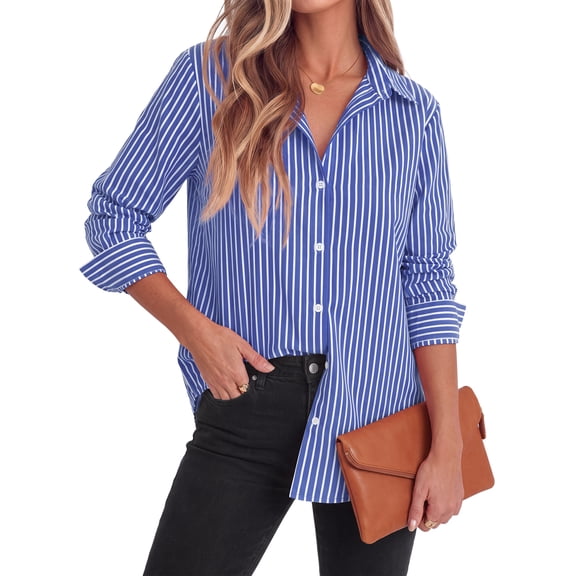Fantaslook Striped Button Down Shirts for Women Classic Long Sleeve Collared Office Work Blouses Tops