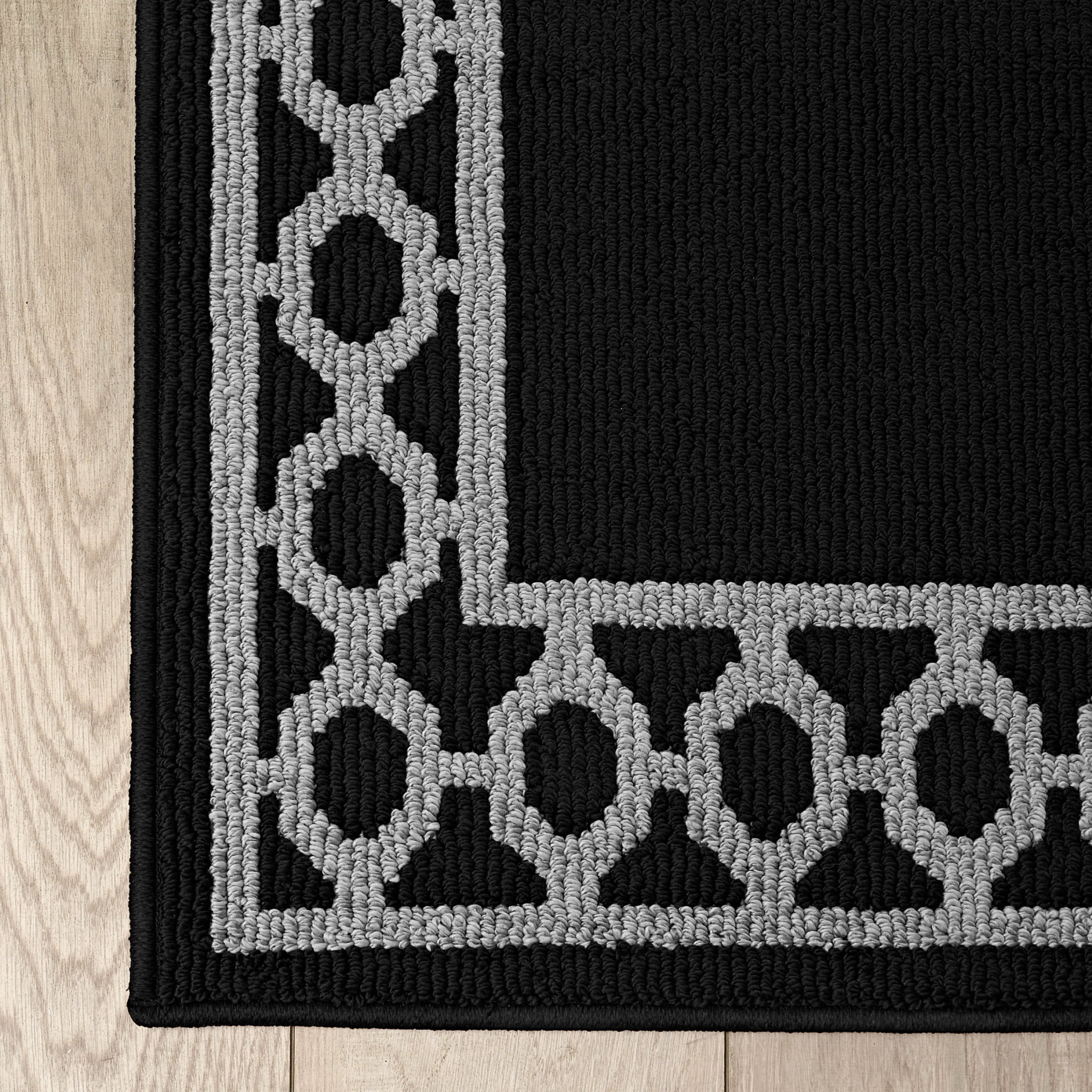 Washable Skid-Resistant Runner Rug, Trellis Border , Black and Twisted Grey , 30 " x 120"