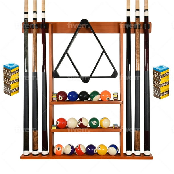 Pool Cue Rack Pool Stick Holder Wall Mount with 16 Ball Holders & 6