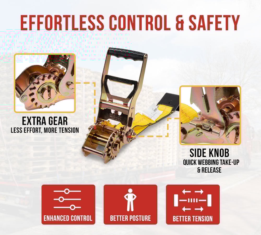 thumbnail image 3 of 8 Pack 4" x30' Self-Tensioning Ratchet Tie Down Straps with Flat Hooks - 5,400 Lbs WLL - Heavy Duty Tie Down Ratchet Straps for Flatbed, Truck, Trailers, Cargo, Pickup - Yellow, 3 of 14