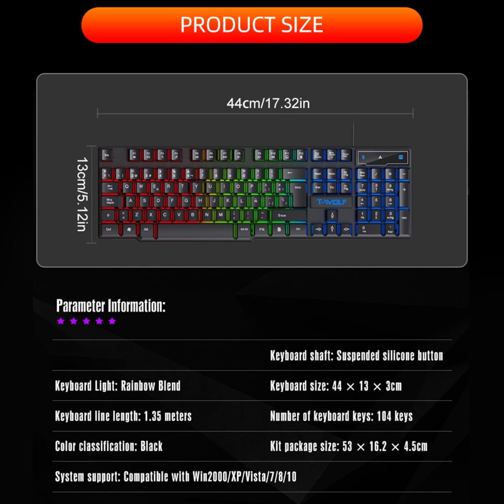 Plugs and Play USB Cord Gaming Keyboards 104Key RGBs Backlight Floating Button Mechanical Feel LagFree Perf