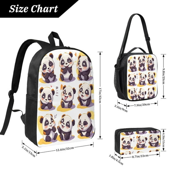 Cute Panda Backpack 17 Inch Set with Lunch Bag and CaseDurableTravel Bag Combo for Work Commuting Daily Use