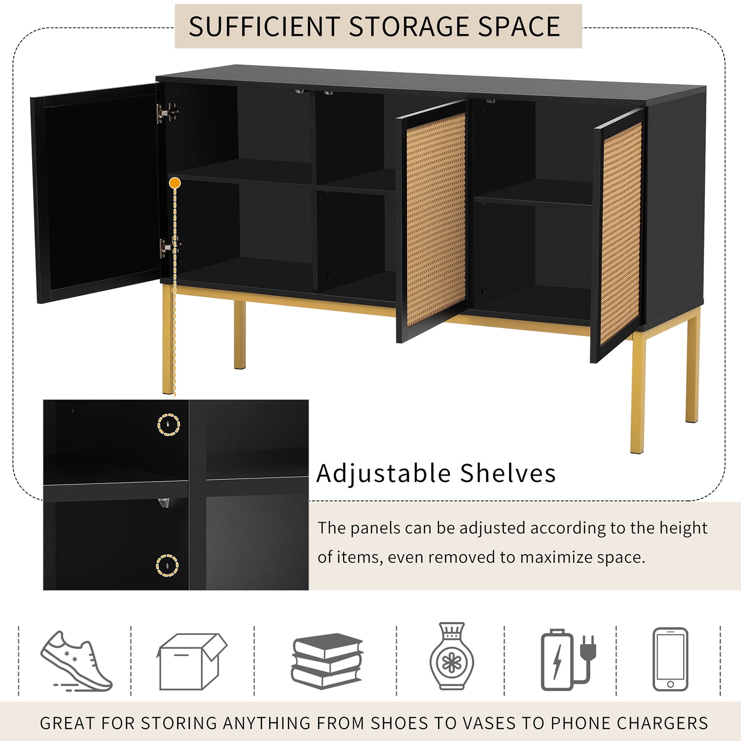 Kepooman 54" Kitchen Sideboard Cabinet, Accent Storage Cabinet with Artificial Rattan Door, Sideboard Buffet Cabinet for Living Room, Black Kepooman 54" Kitchen Sideboard Cabinet, Accent Storage Cabinet with Artificial Rattan Door, Sideboard Buffet Cabinet for Living Room, Black