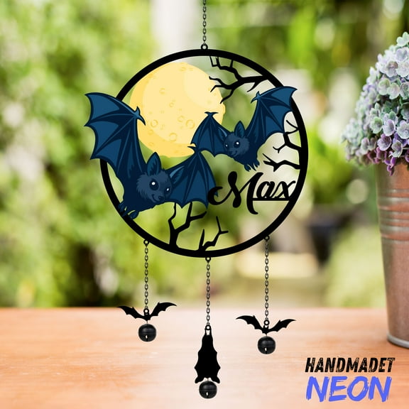 Handmadetneonsign Personalized Bat Couple Metal Wind Chimes, Halloween Garden Decor 140091