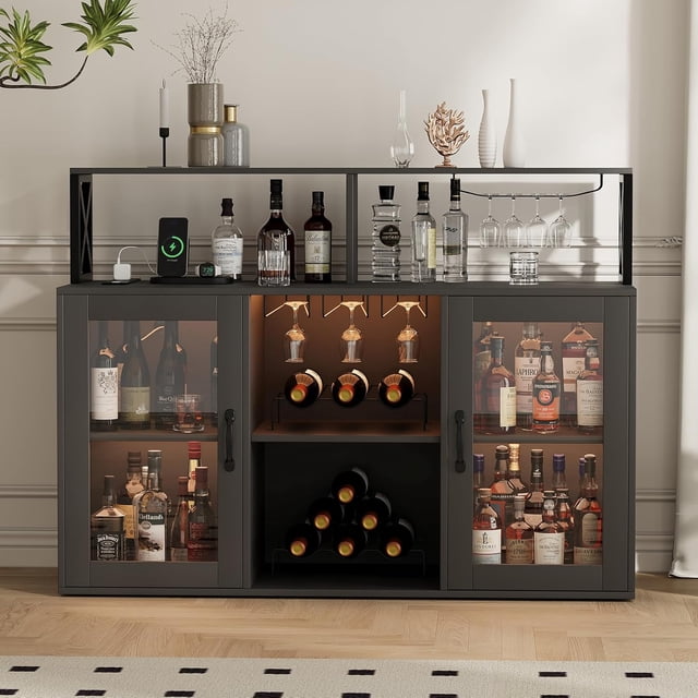 LED Wine Cabinet, Bar Cabinets with Power Outlets, Coffee Bar Cabinet Liquor Cabinet with Wine Racks for Glasses, Vintage Buffet Cabinet for Dining Kitchen