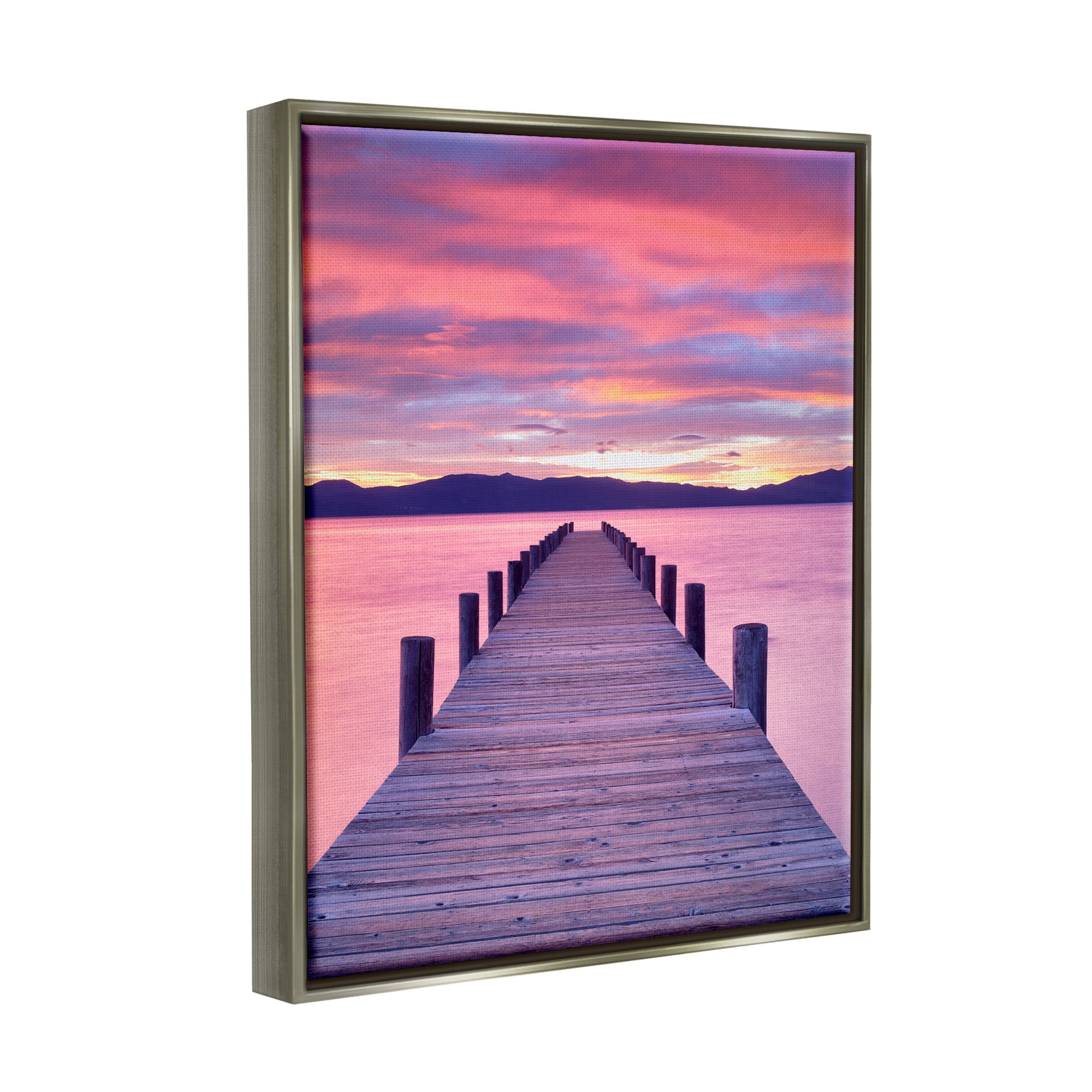 Stupell Industries Vivid Sunset Dock Coastal View Coastal Photography Gray Floater Framed Art Print Wall Art