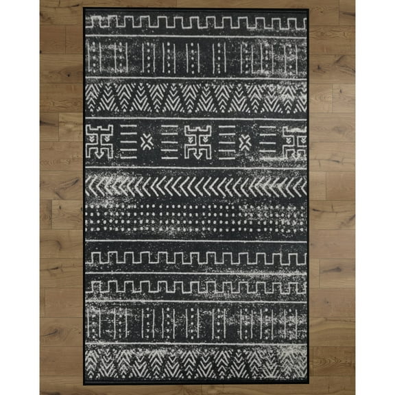 Deerlux Boho Living Room Area Rug with Nonslip Backing, Black Tribal Pattern