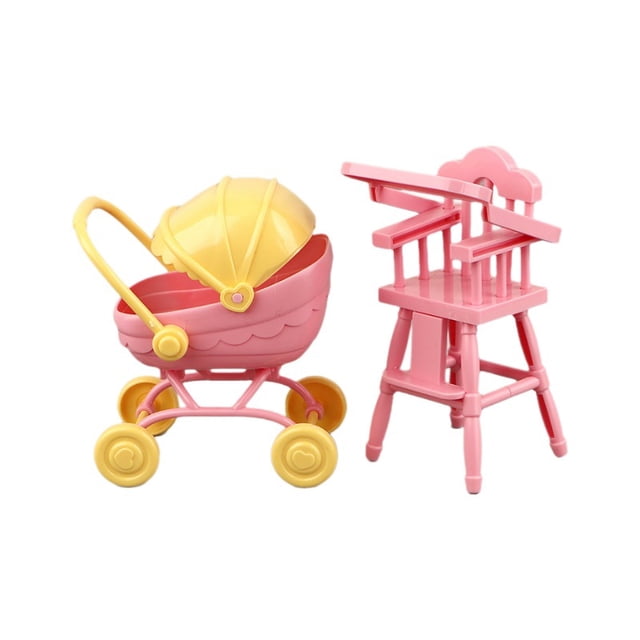 Mueble para casa de muñecas en miniatura, cochecito de bebé y trona