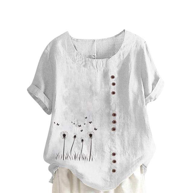 LMKIHUSA Chemise en Lin à Manches Courtes pour Femme Petite Col Rond Boutons Hauts Boho Tunique à Imprimé Floral T-Shirts Décontractés Mode Été 2025 Chemisiers Blanc,XXXXXL