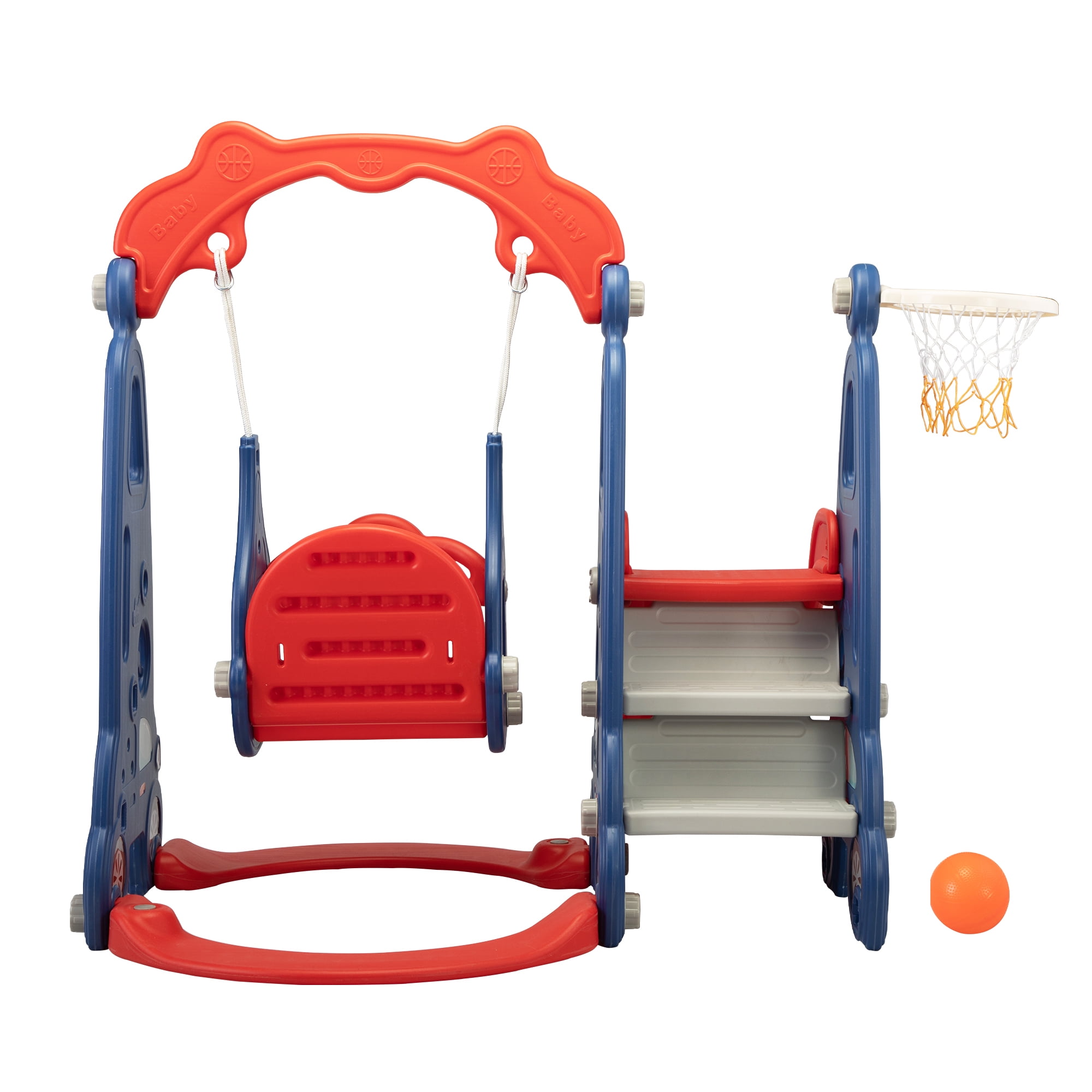 Kepooman 3 in 1 Toddler Slide, Swing Set with Basketball Hoop for Boy and Girl, Red Blue Kepooman 3 in 1 Toddler Slide, Swing Set with Basketball Hoop for Boy and Girl, Red Blue