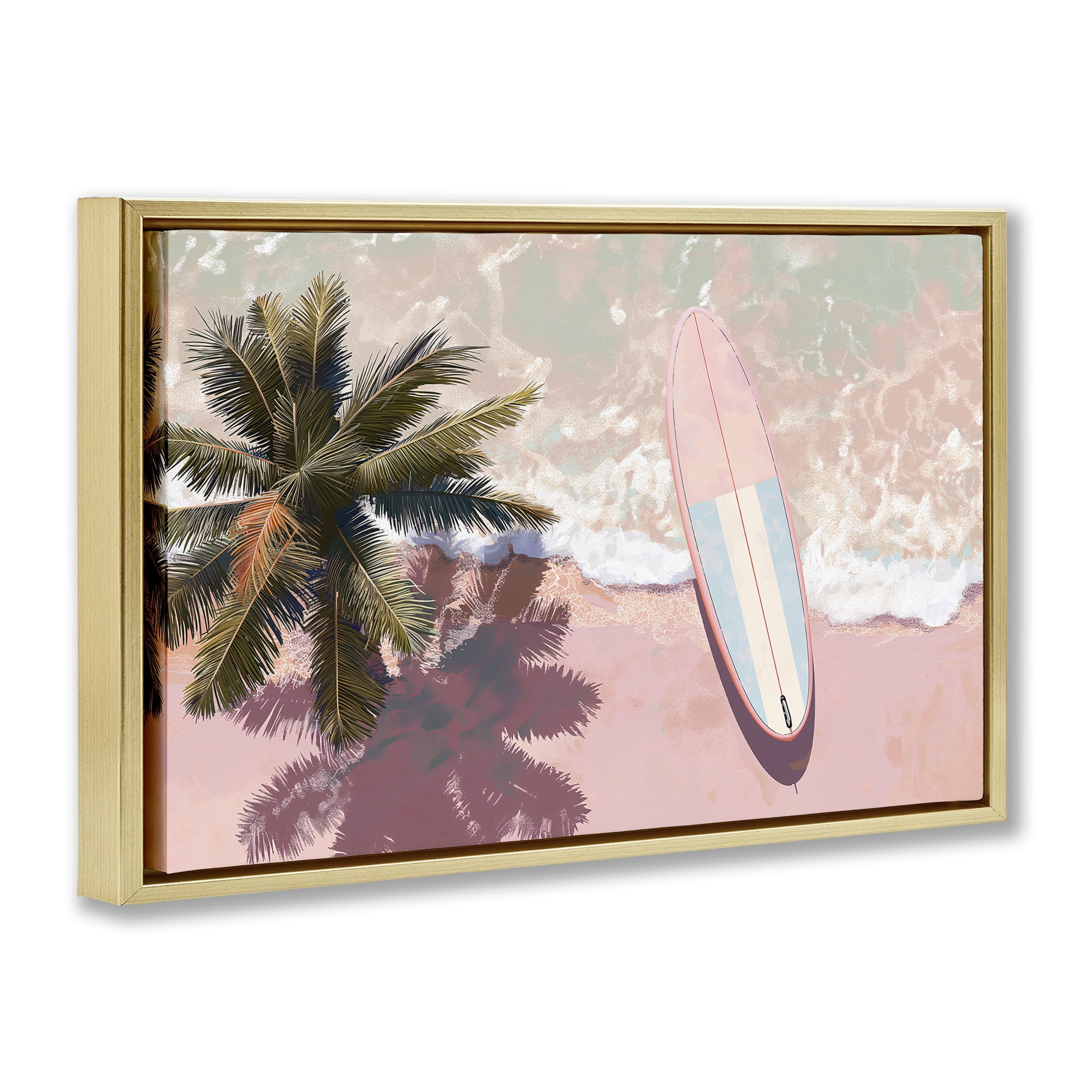 Stupell Industries Blush Pink Surfboard & Palm Gold Framed Floater Canvas Wall Art, design by Jacky Ngan