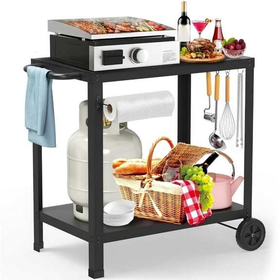 Outdoor Grill Cart with Wheels, Rolling Dining Table for Blackstone Griddle Stand, BBQ Kitchen Food Prep Table for Party
