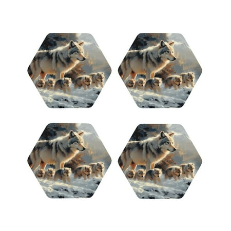 

Fuzoiu Wolf Family Winter Wonderland Print Leather Coasters Set Drink Coasters Set of 4 for Tabletop Protection Durable PVC Coasters Home Décor and Housewarming Gift-Hexagon
