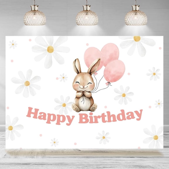 7x5FT Happy Birthday Backdrop Bunny Daisy Floral Balloon Birthday Photography Background for Girls Spring Easter Party Decorations Cake Table Banner Photo Booth Props